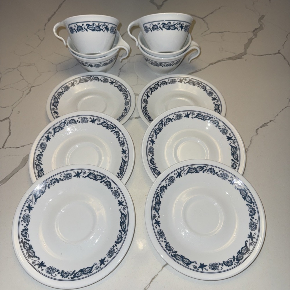 VTG Corning Corelle Old Town Blue Onion Coffee Tea Hook Cups & Saucers SET OF 6